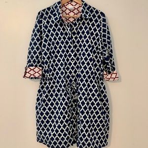 Lands End 3/4 Sleeve Navy Coral Casual Shirt Dress